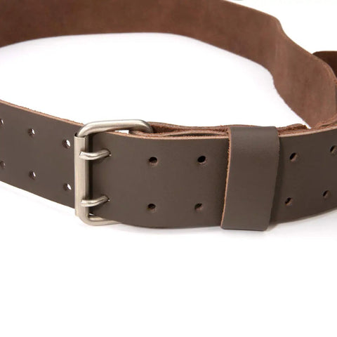 Close-up of 2 Inch Wide Full Grain Leather Tool Belt For Pros, 100 Percent Cowhide, with Double Tongue Steel Roller Buckle, Heavy Duty