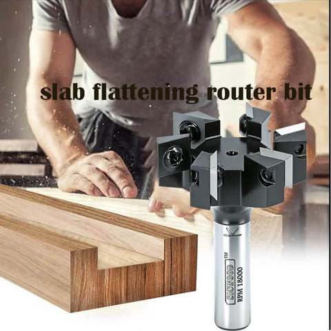 Slab Flattening Router Bit With A Half Inch Shank, Six Wing Carbide Insert, Two Inch Cutting Diameter shown in use