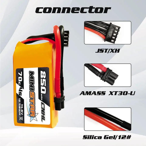 4S 850mAh 70C LiPo Battery 14.8V With XT30U Connector and JST/XH plugs for drones