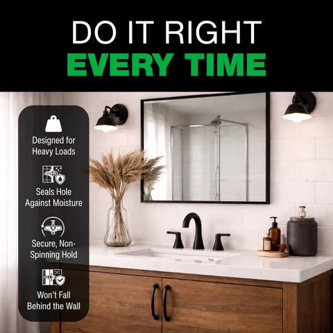 Bathroom sink with decor, image highlighting features of Alligator AF8 Flanged Wall Anchors for heavy duty wall mounting.
