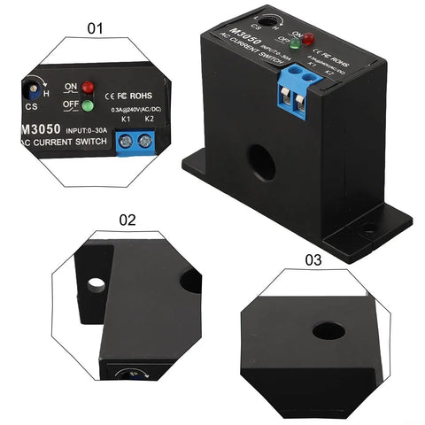 Self Powered AC Current Sensor Switch 30A Adjustable With Smart Current Monitoring Red Green LED Indicators No External Power Needed Output Signal Switching Input Output Isolation Ideal For Automation black module with blue terminals
