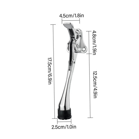 Heavy Duty Kick Down Door Stop Hands Free Door Stopper, zinc alloy with rubber foot, measurements shown, easy install.