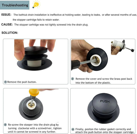 Troubleshooting steps for No Sweat Matte Black Bathtub Drain Kit showing push button and brass post adjustments.