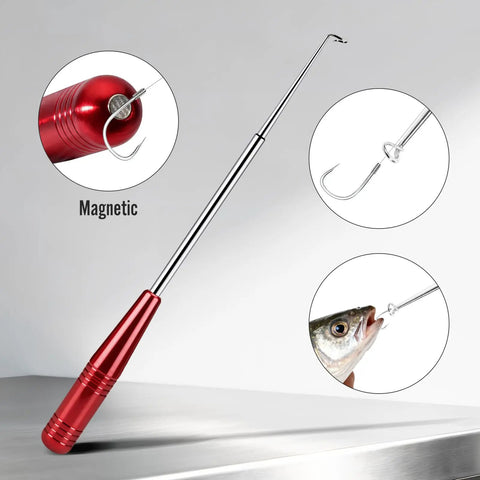 Grab And Go Fishing Pliers Set With Two Magnetic Hook Removers shown with red magnetic handle and hook detail, ideal for anglers.