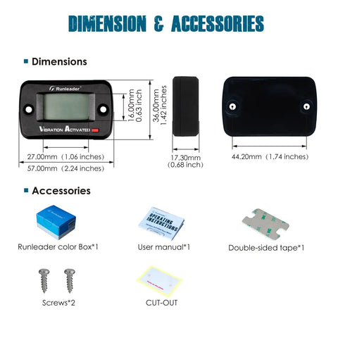Digital Vibration Hour Meter For Gear Maintenance With Built In Sensor No Wiring Needed 3 Adjustable Sensitivities Low Medium High Easy To Track Run Time And Calibrate Hours On Your Gear. dimensions and accessories