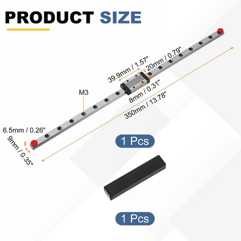 MGN9 350mm Linear Sliding Rail Guide With MGN9H Carriage Block Mini Guide For CNC Engraving And 3D Printer Motion System, Smooth And Precise Linear Motion For Your DIY Machining Setup. 350mm rail, M3 holes