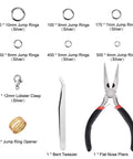 Image of a 1500 Piece Silver Jump Ring Set with lobster clasps, jewelry pliers, and accessories for DIY jewelry making supplies.