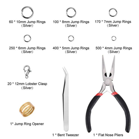 Image of a 1500 Piece Silver Jump Ring Set with lobster clasps, jewelry pliers, and accessories for DIY jewelry making supplies.
