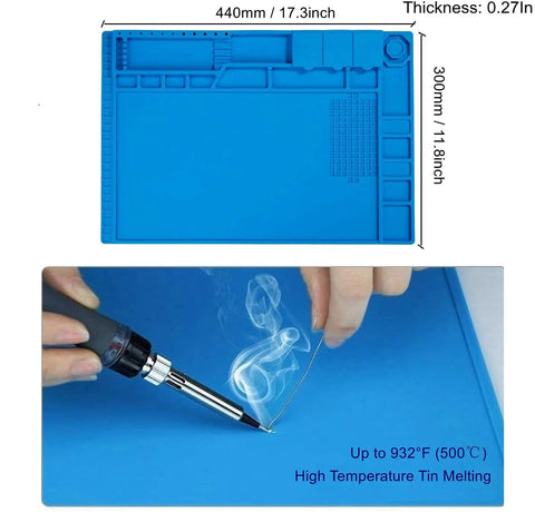 Blue Magnetic Soldering Work Mat Pro Grade Large Heat Resistant Silicone Repair Pad Up To 932F with built-in ruler