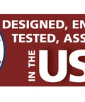 Proudly designed, engineered, tested, and assembled in the USA with a red, white, and blue patriotic theme.