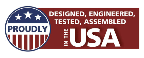 Proudly designed, engineered, tested, and assembled in the USA with a red, white, and blue patriotic theme.
