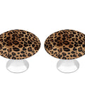 Two Pack Round Stainless Steel Cabinet Knobs With Top Tier Leopard Print Design showing two leopard print knobs on a white background.
