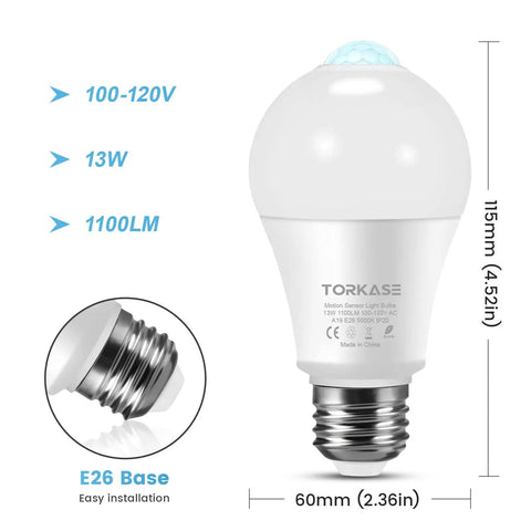Motion Sensor LED Bulbs E26 Base Dusk To Dawn Activation Auto Light Up When Motion Is Detected At Night 8 To 16 Feet Range Turns Off After 30 To 45 Seconds Energy Efficient Long Lasting Security Lighting For Indoor Or Outdoor Use, 115mm A19 bulb