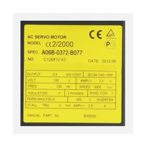 Specification label of Heavy Duty Permanent Magnet Synchronous AC Servo Motor A06B 0372 B077 with technical details.