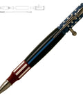 Kickin DIY Woodturning Project Kit Featuring Five Ceramic Flag Ballpoint Pen Hardware Sets And Precision Bushings For Turning Custom Writer Accessories in red, blue, and silver.