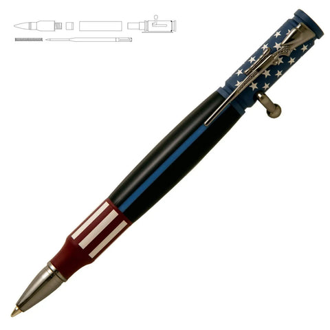 Kickin DIY Woodturning Project Kit Featuring Five Ceramic Flag Ballpoint Pen Hardware Sets And Precision Bushings For Turning Custom Writer Accessories in red, blue, and silver.