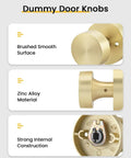 Gold Dummy Door Knobs Set Four Pack Heavy Duty Zinc Alloy With Brushed Gold Finish details, including smooth surface and strong construction