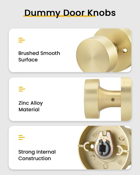 Gold Dummy Door Knobs Set Four Pack Heavy Duty Zinc Alloy With Brushed Gold Finish details, including smooth surface and strong construction