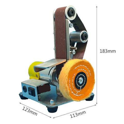 Compact Mini Electric Belt Sander For Desktop Use with vertical design, featuring sanding belt and polishing wheel.