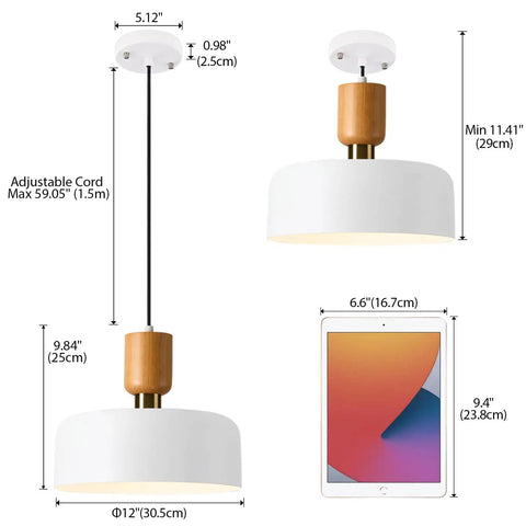 Modern Pendant Light With Natural Wood And Brass Accent, 12-Inch White Matte Shade, Adjustable Cord, size comparison with tablet