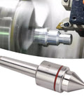 Heavy-duty MT3 60-degree live tailstock center; installed on lathe and close-up, silver metal.