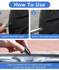 Steps to use Roadside Ready Tire Repair Kit With Screw In Tubeless Plugs In 2 Sizes shown with screwdriver tool