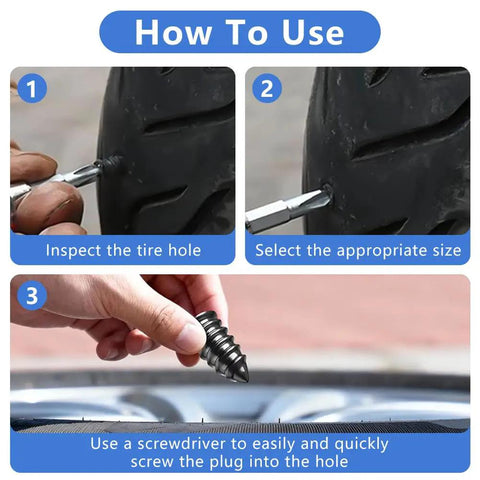 Steps to use Roadside Ready Tire Repair Kit With Screw In Tubeless Plugs In 2 Sizes shown with screwdriver tool