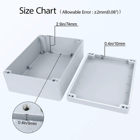 Rugged Outdoor Aluminum Electrical Junction Box IP67 Waterproof Dustproof Enclosure in gray with detailed size chart