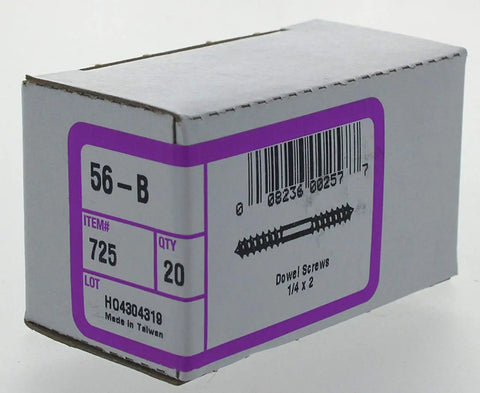 Heavy Duty Tough As Nails Zinc Plated Double End Dowel Screws 1/4 X 2 Inch packaging box with quantity details.