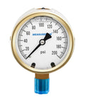 Front view of Built Tough Heavy Duty Fully Brass Hydraulic Glycerin Filled Pressure Gauge With Two And A Half Inch Dial Quarter Inch NPT Lower Mount 0 To 200 Psi And KPa For Measuring Non Corrosive Gas And Liquid Pressure In Industrial And Home Setups displaying 0 to 200 psi range