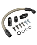 Heavy Duty Turbo Drain Tube Kit For Cummins Engine Swap 2nd Gen Stainless Steel Braided Oil Feed Line With Connectors And Screws That Keeps Your Ride Running Smooth Like A Dream Without Leaks Or Failures. stainless steel braided hose, fittings, bolts, and O-rings