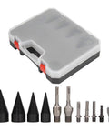 Tough As Nails 11 Piece Firewood Splitting Drill Bit Set With Heavy Carbon Steel Cone Bits in storage case, sizes 32mm to 50mm.
