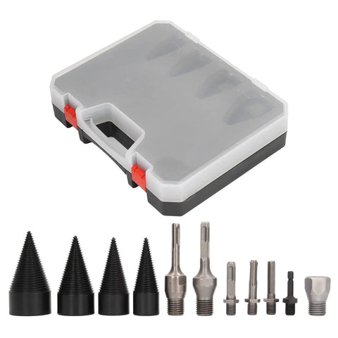 Tough As Nails 11 Piece Firewood Splitting Drill Bit Set With Heavy Carbon Steel Cone Bits in storage case, sizes 32mm to 50mm.