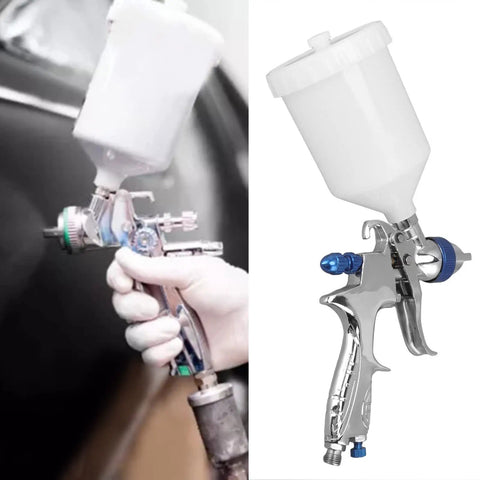 Top Shelf Aluminum Alloy Pneumatic Paint Sprayer With 1.4mm Nozzle built to last for auto body work, held in hand.