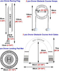 Indoor Drone Obstacle Course Kit PVC frames with gates, hoops, and landing pad, labeled sizes for FPV racing practice setup.