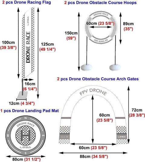 Indoor Drone Obstacle Course Kit PVC frames with gates, hoops, and landing pad, labeled sizes for FPV racing practice setup.