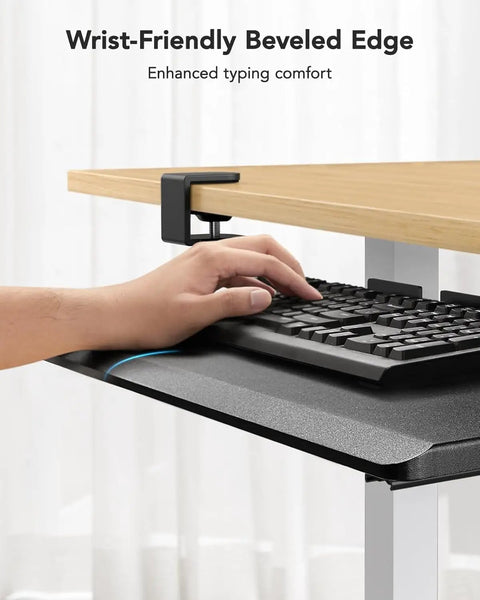 Under Desk Keyboard Tray With C Clamp Mount, 26.5 Inch Wide Sliding Keyboard And Mouse Tray For Home Office, person typing.