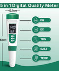 5 In 1 Digital PH Meter With Voice Function For Easy Water Quality Testing Including PH TDS EC Salinity And Temperature Waterproof Rechargeable Pen Built For Pools Aquariums Hydroponics And More displaying measurements and features