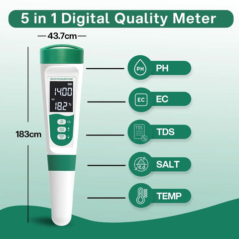5 In 1 Digital PH Meter With Voice Function For Easy Water Quality Testing Including PH TDS EC Salinity And Temperature Waterproof Rechargeable Pen Built For Pools Aquariums Hydroponics And More displaying measurements and features