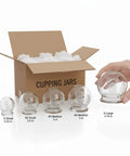 Deluxe 4 Piece Glass Cupping Set With Fire Cupping Jars Vacuum Therapy 4 Sizes And Handy Finger Grips displayed with packaging