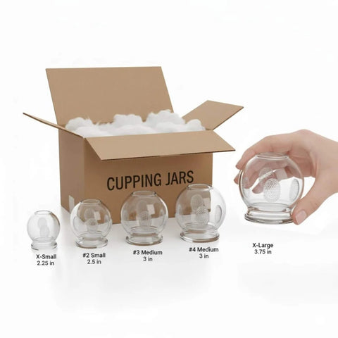 Deluxe 4 Piece Glass Cupping Set With Fire Cupping Jars Vacuum Therapy 4 Sizes And Handy Finger Grips displayed with packaging