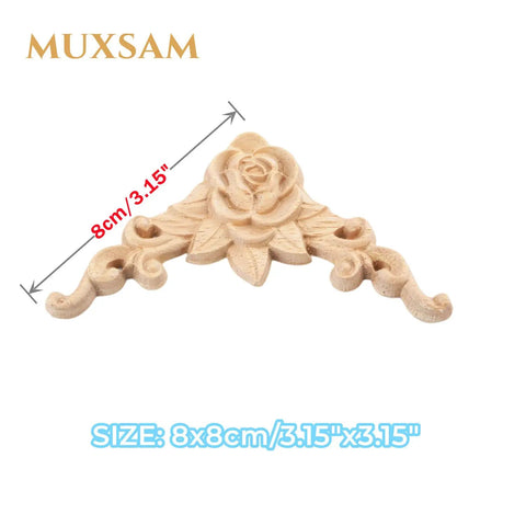 Premium Wood Carved Appliques And Onlays Four Piece Set Of Unpainted Rose Corner Decals showing 8cm rose design decorative onlay.