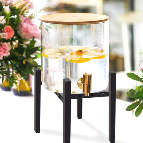 Glass water dispenser with fruit slices on an adjustable water filter stand, 8 inch tall, fits 7.5, 8.5, 9.5 inch wide tanks.