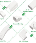 3in 25ft Decorative PVC Line Set Cover Kit showing entry wall cover, 3in straight tubing, coupler, elbows, flexible pipe.