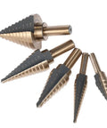 Rock Solid 5 Piece High Speed Steel Step Drill Bit Set With Round Shank For Carbon Steel Iron Aluminum PVC And Wood Featuring Double Groove Design Smooth Boring Tool Kit Heavy Duty Twist Drills That Make Quick Work Of Any Project. set of five HSS step drill bits with round shank