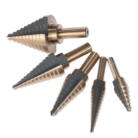 Rock Solid 5 Piece High Speed Steel Step Drill Bit Set With Round Shank For Carbon Steel Iron Aluminum PVC And Wood Featuring Double Groove Design Smooth Boring Tool Kit Heavy Duty Twist Drills That Make Quick Work Of Any Project. set of five HSS step drill bits with round shank