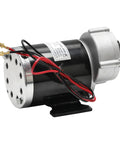 Heavy Duty 24V 450W Brushed Gear Motor Kit With Controller 60 To 1 Reduction Throttle and Brake Levers For Ebikes Go Karts Trikes Atvs close-up view of motor with shiny metal housing and wires.