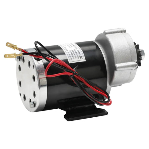 Heavy Duty 24V 450W Brushed Gear Motor Kit With Controller 60 To 1 Reduction Throttle and Brake Levers For Ebikes Go Karts Trikes Atvs close-up view of motor with shiny metal housing and wires.