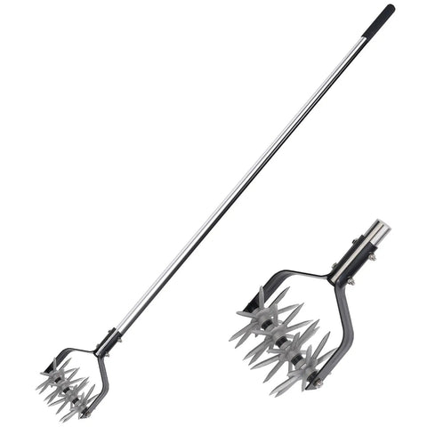 Rotary Cultivator Garden Tool With Adjustable Long Handle Hand Tiller featuring star-shaped head and rolling wheels