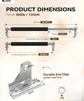 Heavy Duty Gas Struts Kit For Lids And Trunk Covers, 36 Inch 300 Lbs Lift, diagram showing dimensions and L mount brackets